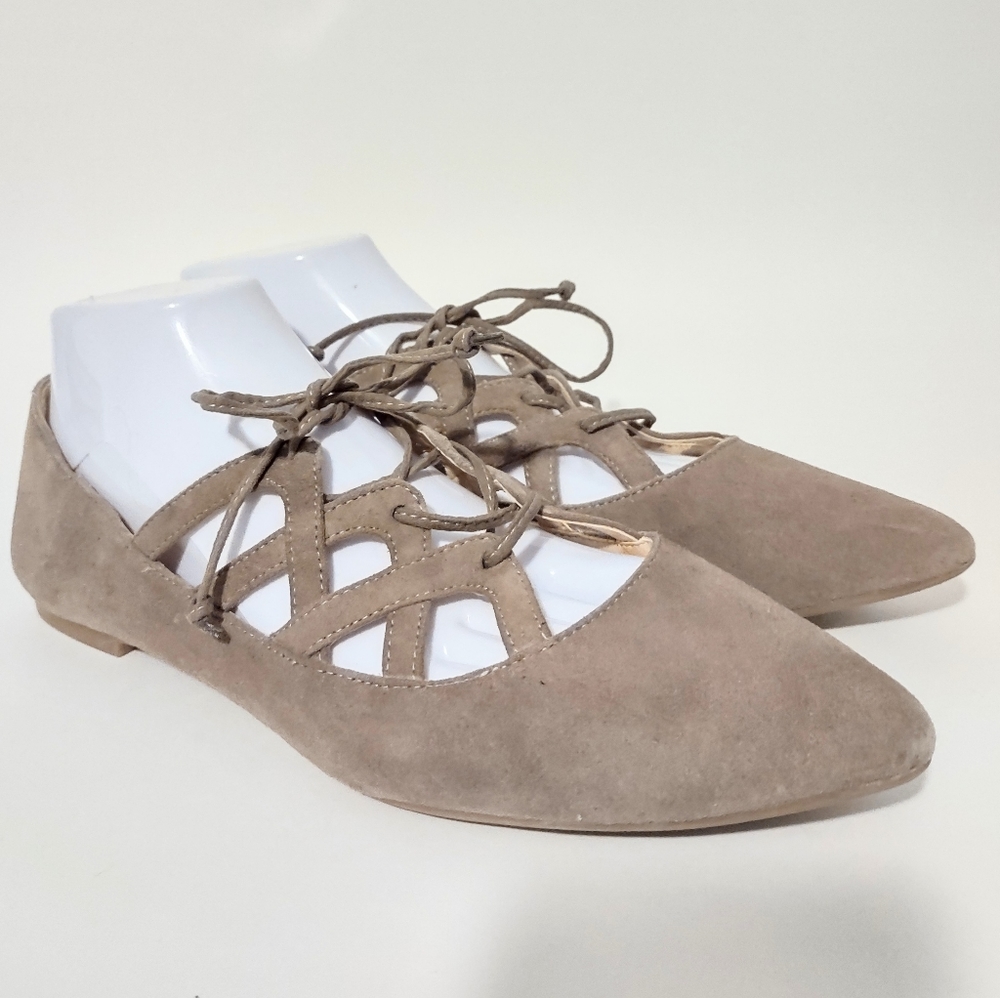 Nine West Shoes Leather 9M Taupe Beige Ballet Flats Pointed Toe Suede Lace Up‎
